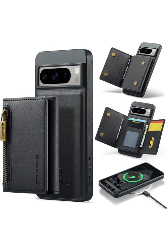 for Google Pixel 8 Pro Phone Protective Case, Magnetic Detachable Card Holder, Wireless Charging Back Cover, Soft Lining Outer Shell Compatible with Magsafe, Coin Purse with Stand