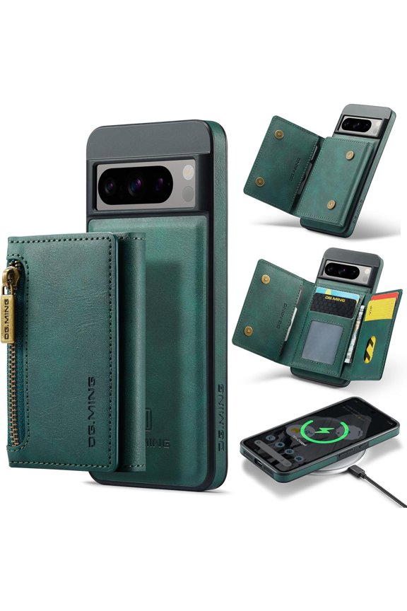 for Google Pixel 8 Pro Phone Protective Case, Magnetic Detachable Card Holder, Wireless Charging Back Cover, Soft Lining Outer Shell Compatible with Magsafe, Coin Purse with Stand Green