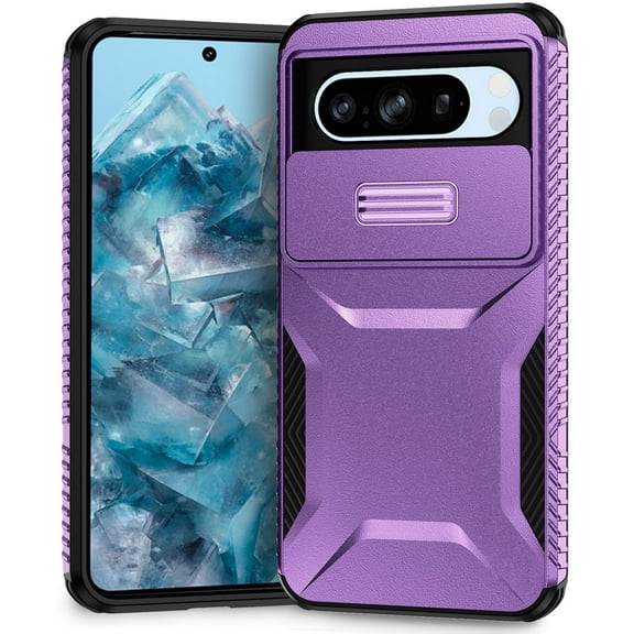 for Google Pixel 8 Pro Rugged Case with Camera Lens Sliding Cover, Heavy Duty PC Protective Shockproof Cover with Slide Camera Cover Upgraded Drop Resistant Case for Google Pixel 8 Pro, Purple
