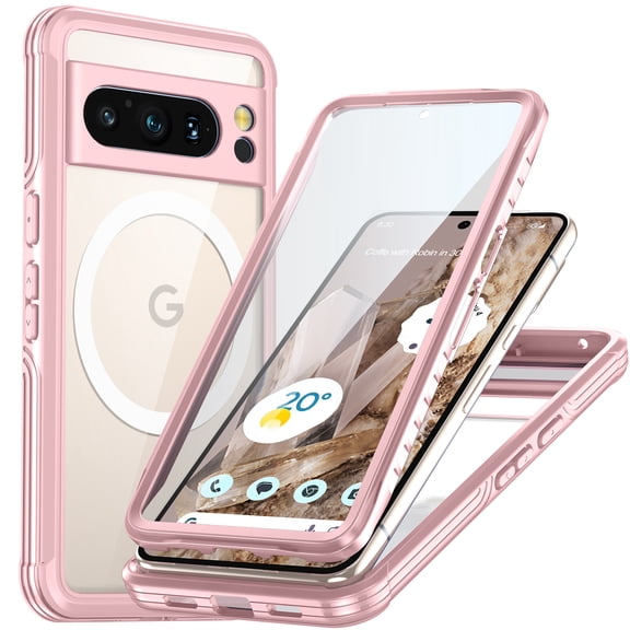 for Google Pixel 8 Pro Shockproof Dustproof Case, Compatible with MagSafe Heavy Duty/Military Grade/Rugged Protection Built in Screen Protector Phone Case Cover for Google Pixel 8 Pro, Pink