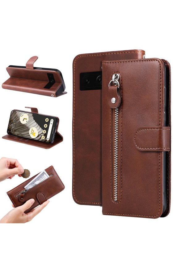 Google Pixel 8 Pro Wallet Case 6.7", PU Leather Cards Slots Cash Holder Purse Zipper Coin Pocket Stand Wallet Case Cover for Google Pixel 8 Pro - Brown
