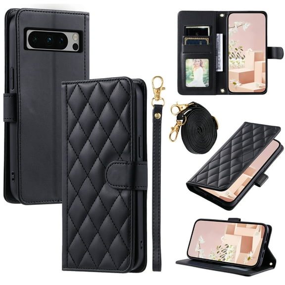 for Google Pixel 8 Pro Wallet Case, Premium PU Leather Magnetic Flip Folio Case with Wrist Strap Credit Card Holder for Women Men Crossbody Strap Case Cover for Google Pixel 8 Pro, Black