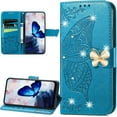 thumbnail image 1 of for Google Pixel 8 Pro Wallet Case for Women Girls, Embossed Floral Butterfly PU Leather Folio Flip Case Cover with Card Slot Holder for Pixel 8 Pro Rhinestone Blue, 1 of 18