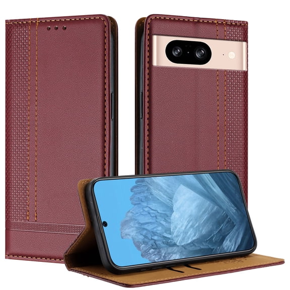 for Google Pixel 8 Purse Case, Magnetic Closure Business PU Leather Card Slots Wallet Phone Case, Flip Silicone TPU Bumper Protective Cover with Stand Shockproof Folio Case, Winered