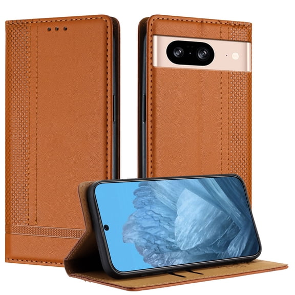 for Google Pixel 8 Purse Case, Magnetic Closure Business PU Leather Card Slots Wallet Phone Case, Flip Silicone TPU Bumper Protective Cover with Stand Shockproof Folio Case, Brown