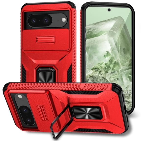 For Google Pixel 8 Slim Fit Shockproof Hybrid with Slide Camera Cover & Rotated Ring Kickstand, [Military-Grade] Phone Case For Google Pixel 8 6.3",Red,For Google Pixel 8