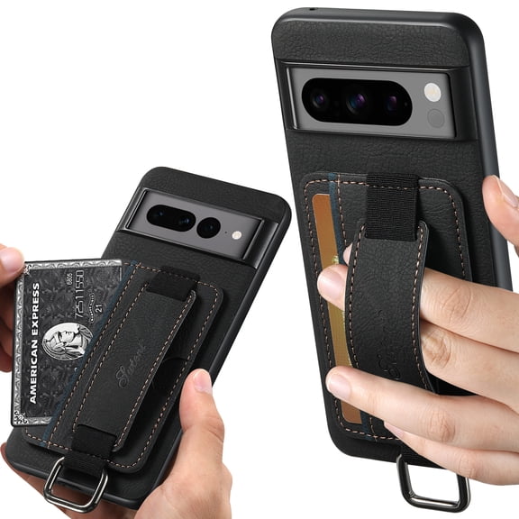 for Google Pixel 8 Wallet Case, Classic Finger Ring with Card Holder Lychee Texture PU Leather Back Cover with Wristband Kickstand Shockproof Drop Protective for Google Pixel 8, Black