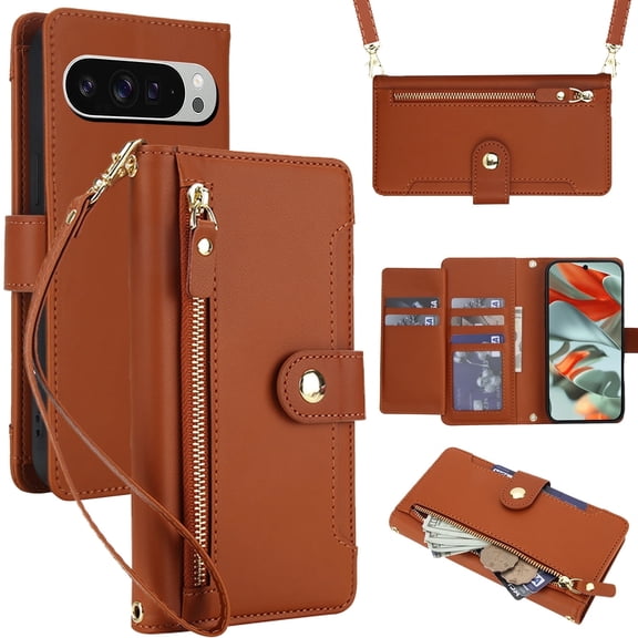 for Google Pixel 8 Wallet Case, Multi-Functional PU Leather Flip Cover with Card Holder and Zipper Pocket, Detachable Shoulder & Wrist Strap Secure RFID Blocking Protection