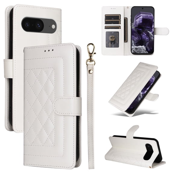 for Google Pixel 8 Wallet Flip Case, Classic PU Leather Card Slots with Lanyard Magnetic Closure Kickstand Drop Protective Soft TPU Inner Case for Google Pixel 8, White