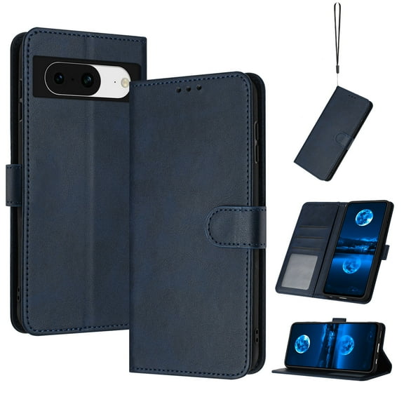 For Google Pixel 8 phone Wallet Case, PU Leather Flip Phone Case Wallet Cover with Card Slot Holder Kickstand with Hand Strap for Google Pixel 8 Shockproof Rugged Phone Case,Darkblue