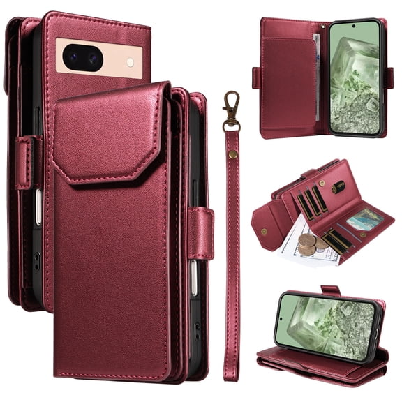 for Google Pixel 8A Case with 11 Card Slots & 2 Cash Pockets for Woman Man,PU Leather Flip Kickstand Folio [RFID Blocking] Wallet Case, Wrist Strap Magnetic Clasp Protective Cover,Red