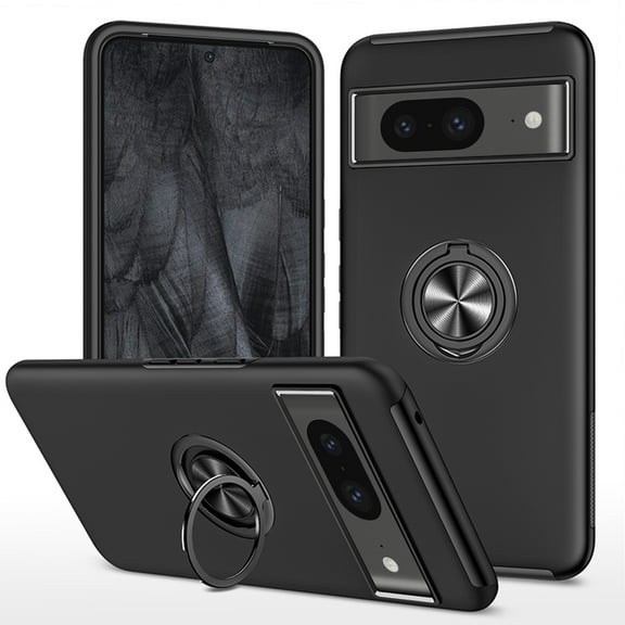 for Google Pixel 8A Case, 360° Rotatable Ring Holder Kickstand Dual Layer Military-Grade Drop Tested Protection Support Car Holder Mount Magnetic Absorbing Bumper Phone Case, Black