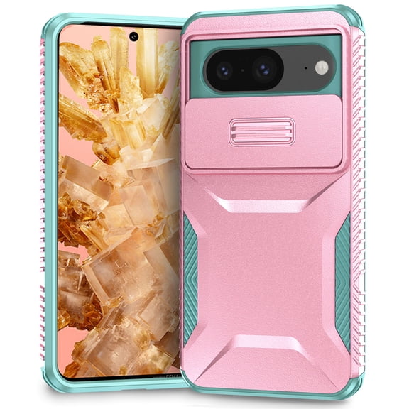 for Google Pixel 8A Case with Built-in Camera Lens Slide Cover, Heavy-Duty Shockproof Rugged Case Heavy Duty Bumper Shockproof Phone Cover for Google Pixel 8A,Rosegold