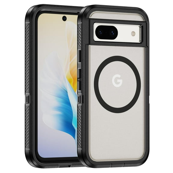 for Google Pixel 8A Case,[Built-in Invisible Kickstand],Compatible with MagSafe,Military-Grade Drop Protection Double Layer Shockproof Slim Translucent Matte Phone Case,Black+Clear