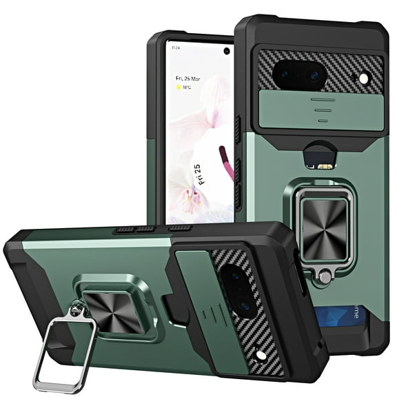 For Google Pixel 8A Case with Card Holder & 360° Magnetic Ring Stand Heavy Duty Camera Lens Slide Dual Layer Shockproof Hidden Card Slot Slim Wallet Phone Case Cover for Women Men,Darkgreen