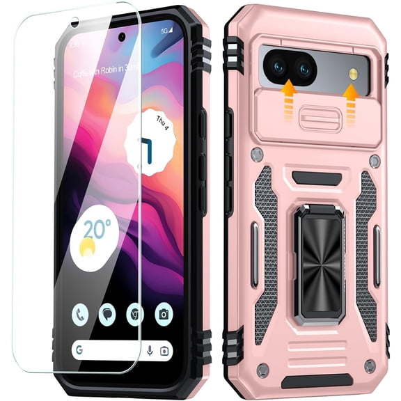 for Google Pixel 8A Case, Pixel 8A Case with [9H Glass Screen Protector & Slide Camera Protector] [Military Grade Drop] Built-in Rotatable Kickstand Ring Phone Case for Pixel 8a - Rose Gold