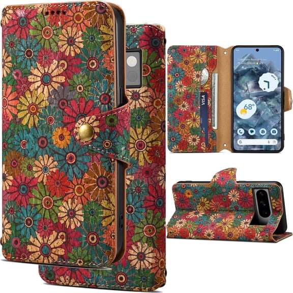 for Google Pixel 8A Cork Wood Phone Case Retro Colorful Floral Folio Flip Magneitc Cover, Inner Layer Suede Leather, with ID Credit Card Holder Cash Slot, Kickstand Support
