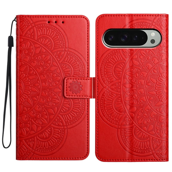 For Google Pixel 8A Folio Wallet Case with Wrist Strap, Embossed Sunflower Pattern, Lightweight Protective PU Leather Phone Case with Credit Card/Cash Slots, Magnetic Closure, Red