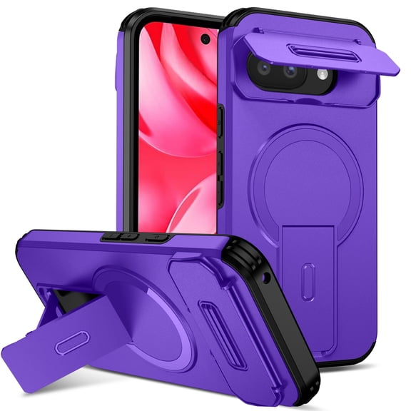 For Google Pixel 8A Rugged Phone Case,With Invisible Kickstand,Compatible with Mag-Safe,With Camera Lens Cover,Shockproof Anti-Scratch Drop Protection Durable Heavy Duty Phone Case,Purple