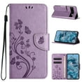 thumbnail image 1 of For Google Pixel 8A Wallet Case,Cute Embossed Butterfly & Flower Patterned Flip Premium PU Leather [Flip Kickstand] [Card Slots] [Wrist Strap] [Magnetic Closure] Phone Cover, Lightpurple, 1 of 9