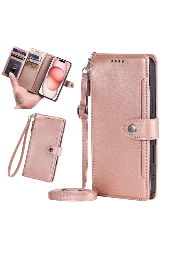 For Google Pixel 8A Wallet Case, PU Leather Flip Cover [RFID Blocking] Credit Card Holder Kickstand, Crossbody Lanyard & Wrist Strap, All-in-One Phone Wallet Case for Women Men,Rosegold