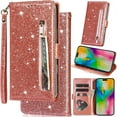 thumbnail image 1 of for Google Pixel 8Pro Bling Patent Leather Phone Case, Sparkly Shiny Glossy Folio Flip Cover Kickstand Wallet Zipper Pocket Pouch, Card Holder Cash Slot, Magnetic Closure, Wrist Strap, 1 of 8