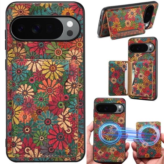 for Google Pixel 8Pro Cork Wood Phone Case Flower Floral Printed Cover, Strong Magnetic Attachment for MagSafe Wallet Card Holder, Kickstand Support, Wireless Charging