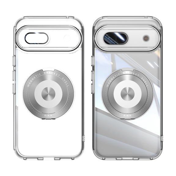 for Google Pixel 8a Back Case with Lens Protector, Slim TPU Frame Rotating Ring Bracket Magnetic PC Clear Back Anti-Scratch Anti-fingerprint Phone Case for Google Pixel 8a, White