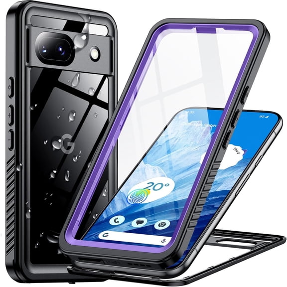 Google Pixel 8a Case Protective Cover for Pixel 8A Purple/Clear | Waterproof, Built-in Lens, Screen Protector, Full Body Shockproof, Military Drop Proof, Dustproof, IP68 Underwater, 6.1"
