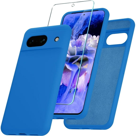 for Google Pixel 8a Case, Silicone Phone Case with 1 Screen Protector, Soft Anti-Scratch Microfiber Lining, Full Body Shockproof Slim Cover Support Wireless Charging, Blue