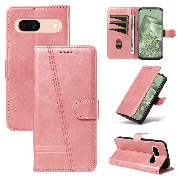 for Google Pixel 8a Case Wallet for Men Women, Flip Folio Cover with PU Leather Kickstand Credit Card Slots Magnetic Wrist Strap Kickstand Protective Shockproof Phone Case Cover, Rosegold