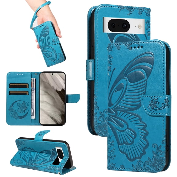 for Google Pixel 8a Case Wallet for Women, Flip Folio Cover with Butterfly Pattern PU Leather Stand Card Holder Slots Wrist Strap Protective Phone Case for Google Pixel 8a, Blue