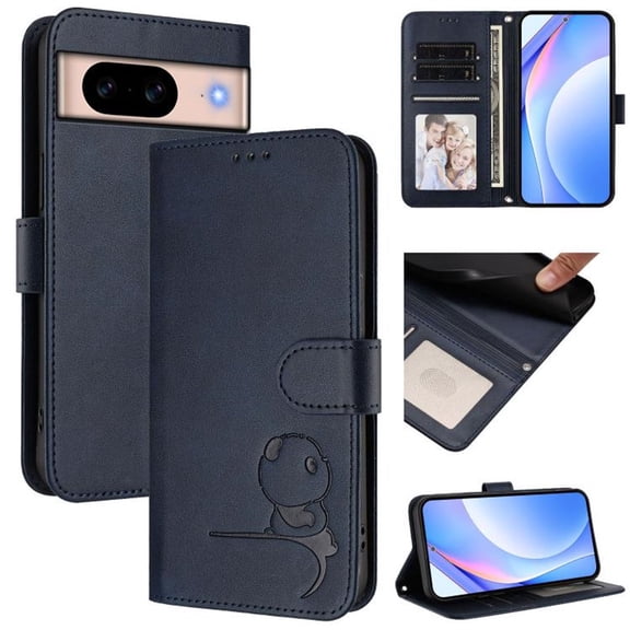 For Google Pixel 8a Litter Panda Embossing Leather Phone Case with RFID Blocking Card Slot Wallet Magnetic Clasp Lanyard Flip Stand Case,Blue,For Google Pixel 8a