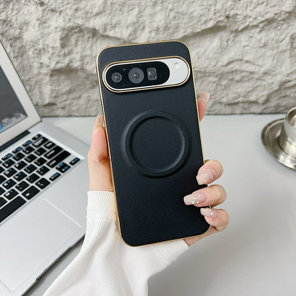 for Google Pixel 8a Plating Case, [Compatible with MagSafe] PU Leather + Hard PC Shell Slim Durable Protective Phone Cover for Google Pixel 8a, Support Magnetic Car Mount, Black