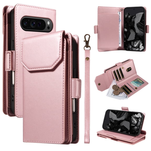 for Google Pixel 9 / 9 Pro Case with 11 Card Slots & 2 Cash Pockets for Woman Man,PU Leather Flip Kickstand Folio [RFID Blocking] Wallet Case, Wrist Strap Magnetic Clasp Protective Cover,Rosegold