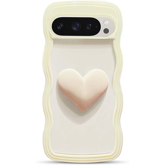 for Google Pixel 9/9 Pro Case 6.3" 3D Kawaii Love Heart Cute Curly Wavy Clear Transparent Cream Color Non-Slip Soft Silicone Bumper Shockproof Phone Cover for Women (Yellow)