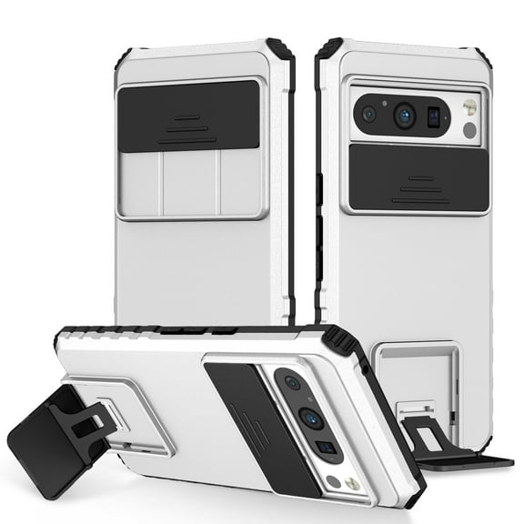 for Google Pixel 9 / 9 Pro Case with Camera Lens Slide Protection, Armour Silicone TPU Bumper Tough PC Cover Kickstand, Military Shockproof Absorption Case for Google Pixel 9 / 9 Pro,
White