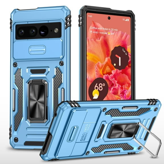 Google Pixel 9 / 9 Pro Case with Lens Protection, Ring Holder with Camera Cover & Kickstand Military Grade Shockproof Heavy Duty Protective Support Magnetic Car Mount Holder, Lightblue