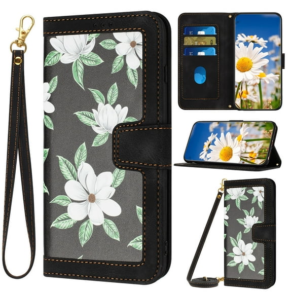 for Google Pixel 9 / 9 Pro Case, Magnetic Closure RFID Blocking Card Slots Kickstand Shockproof Flip Wallet Handbag Flowers Case Cover with Wrist Strap Shoulder Strap for Women & Girls, Black