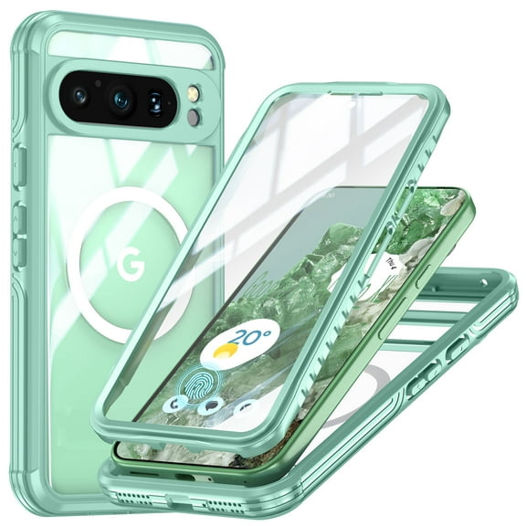 for Google Pixel 9 / 9 Pro Case, Support Magnetic Wireless Charger Full-Body Protection Shockproof Rugged Clear Bumper Frame Case Cover with Built-in Screen Protector for Google Pixel 9 / 9 Pro, Green