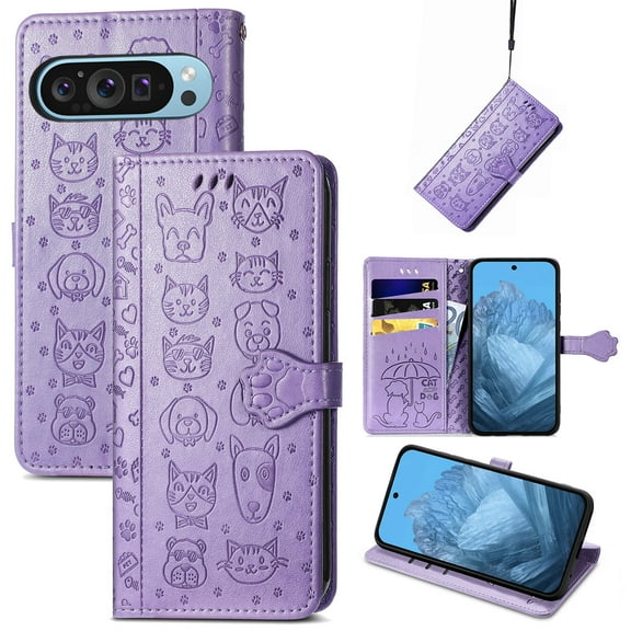 for Google Pixel 9 / 9 Pro Case Wallet,Magnetic Closure PU Leather Cute Embossed Wrist Strap Card Slots Pocket Flip Kickstand Protective Phone Case Cover for Google Pixel 9 / 9 Pro,Purple