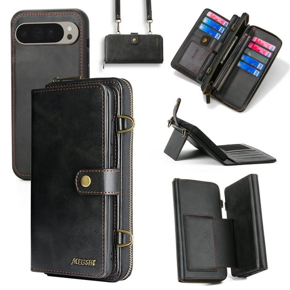 for Google Pixel 9 / 9 Pro Crossbody Strap Wallet Case for Women Men, Zipper Pocket Purse [Detachable Wallet 2 in 1] [RFID Blocking] [13 Card Holder], Leather Magnetic Flip Kickstand Case,Black