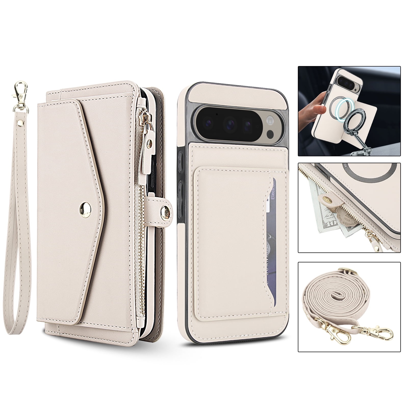 For Google Pixel 9 / 9 Pro Crossbody Wallet Phone Case,Magnetic Detachable Flip,With Shoulder Strap&Wrist Strap,Zipper Pocket,Card&Cash Slots,PU Leather Shockproof Rugged Phone Case,White