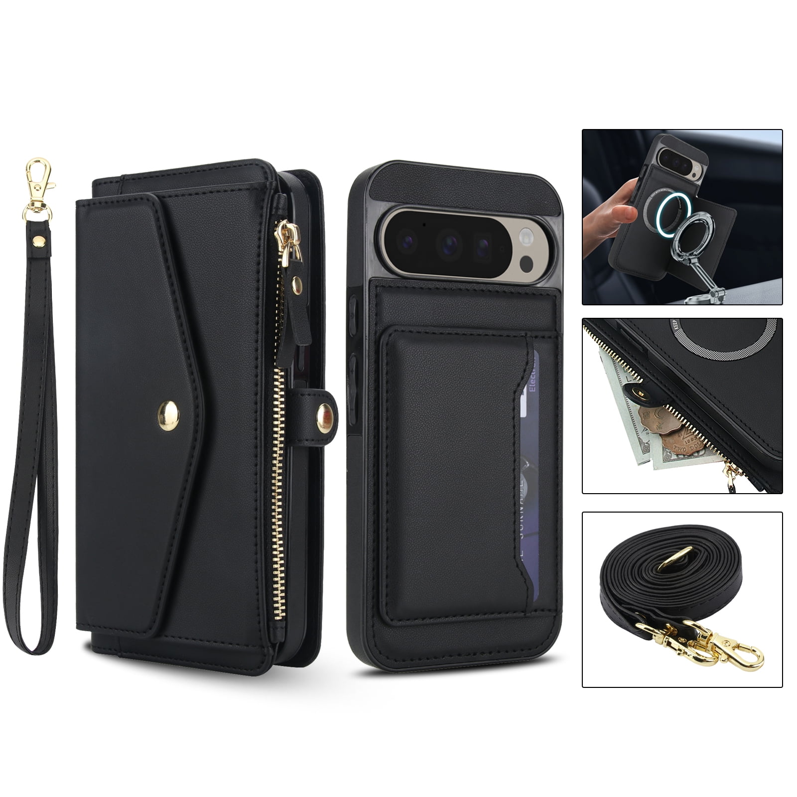 For Google Pixel 9 / 9 Pro Crossbody Wallet Phone Case,Magnetic Detachable Flip,With Shoulder Strap&Wrist Strap,Zipper Pocket,Card&Cash Slots,PU Leather Shockproof Rugged Phone Case,Black