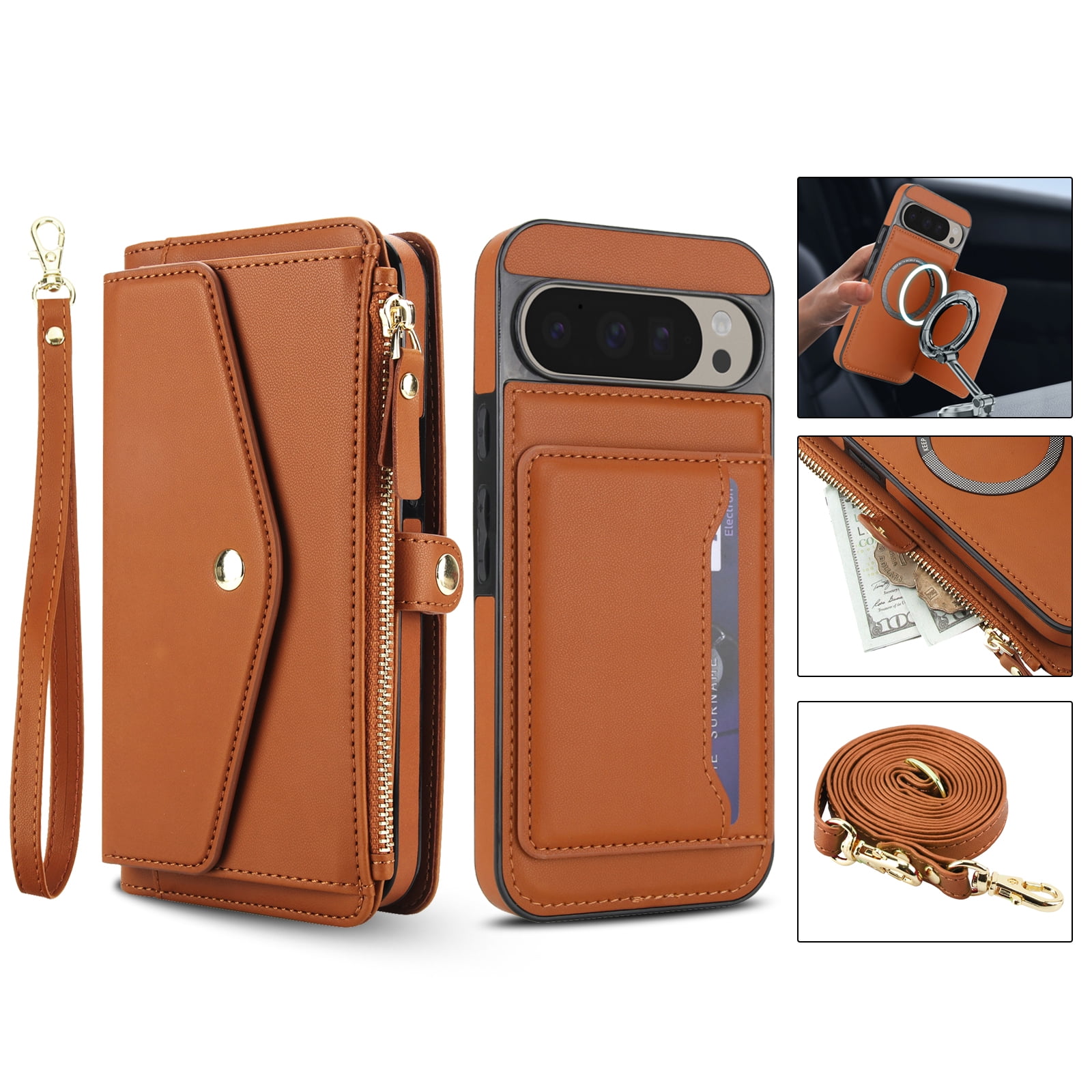 For Google Pixel 9 / 9 Pro Crossbody Wallet Phone Case,Magnetic Detachable Flip,With Shoulder Strap&Wrist Strap,Zipper Pocket,Card&Cash Slots,PU Leather Shockproof Rugged Phone Case,Brown