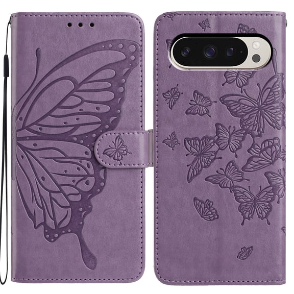 For Google Pixel 9 / 9 Pro Folio Wallet Case with Wrist Strap, Embossed Butterfly Pattern, Lightweight Protective PU Leather Phone Case with Credit Card/Cash Slots, Magnetic Closure, Purple
