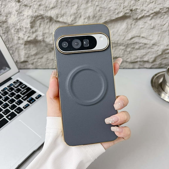 For Google Pixel 9 / 9 Pro Magnetic Phone Case,Made From PU Leather + Hard PC,Luxurious Electroplated Frame Designing,Compatible with Mag-safe,Ultra Slim Shockproof Rugged Phone Case,Gray