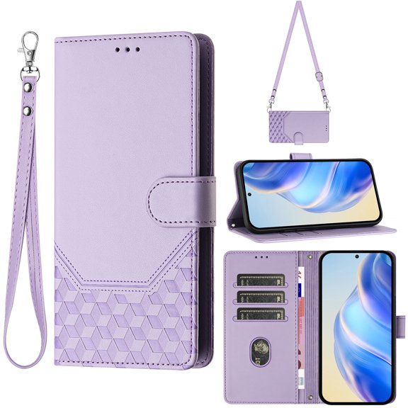 For Google Pixel 9 / 9 Pro Phone Case,Beehive Embossment Design,Anti-Scratch PU Leather Flip Foldable Kickstand,With Card Slots,Strap,Shoulder Strap,Shockproof Non-Slip Wallet Phone Case,Purple