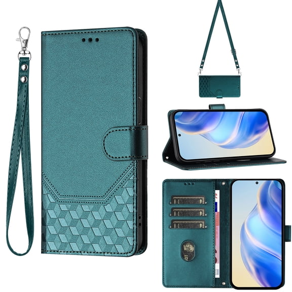 For Google Pixel 9 / 9 Pro Phone Case,Beehive Embossment Design,Anti-Scratch PU Leather Flip Foldable Kickstand,With Card Slots,Strap,Shoulder Strap,Shockproof Non-Slip Wallet Phone Case,Darkgreen