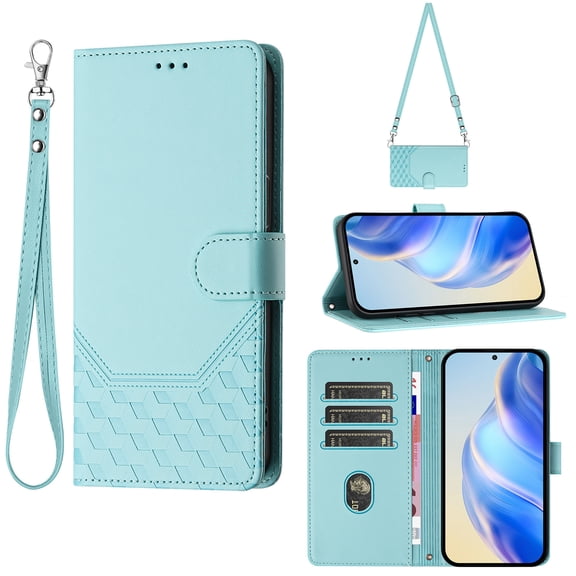For Google Pixel 9 / 9 Pro Phone Case,Beehive Embossment Design,Anti-Scratch PU Leather Flip Foldable Kickstand,With Card Slots,Strap,Shoulder Strap,Shockproof Non-Slip Wallet Phone Case,Mint